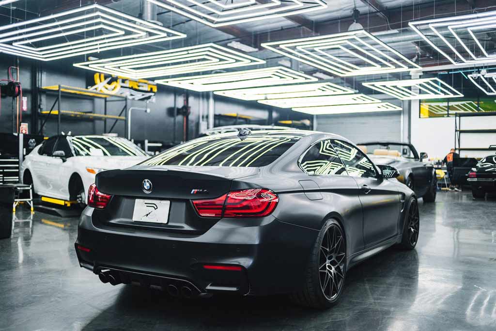 A black car in a garage